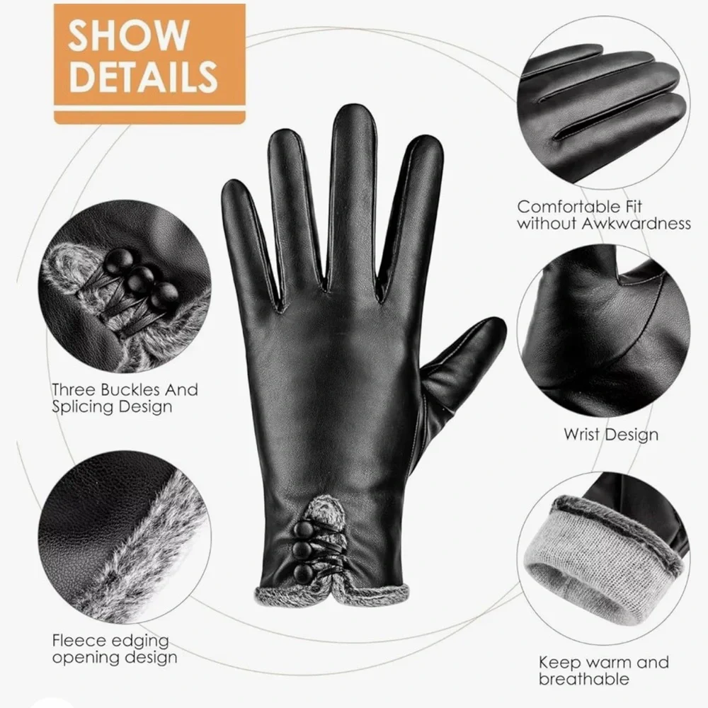 NWT Leather Gloves PU Cashmere Lined, Touchscreen MULTI SIZES AND Colors